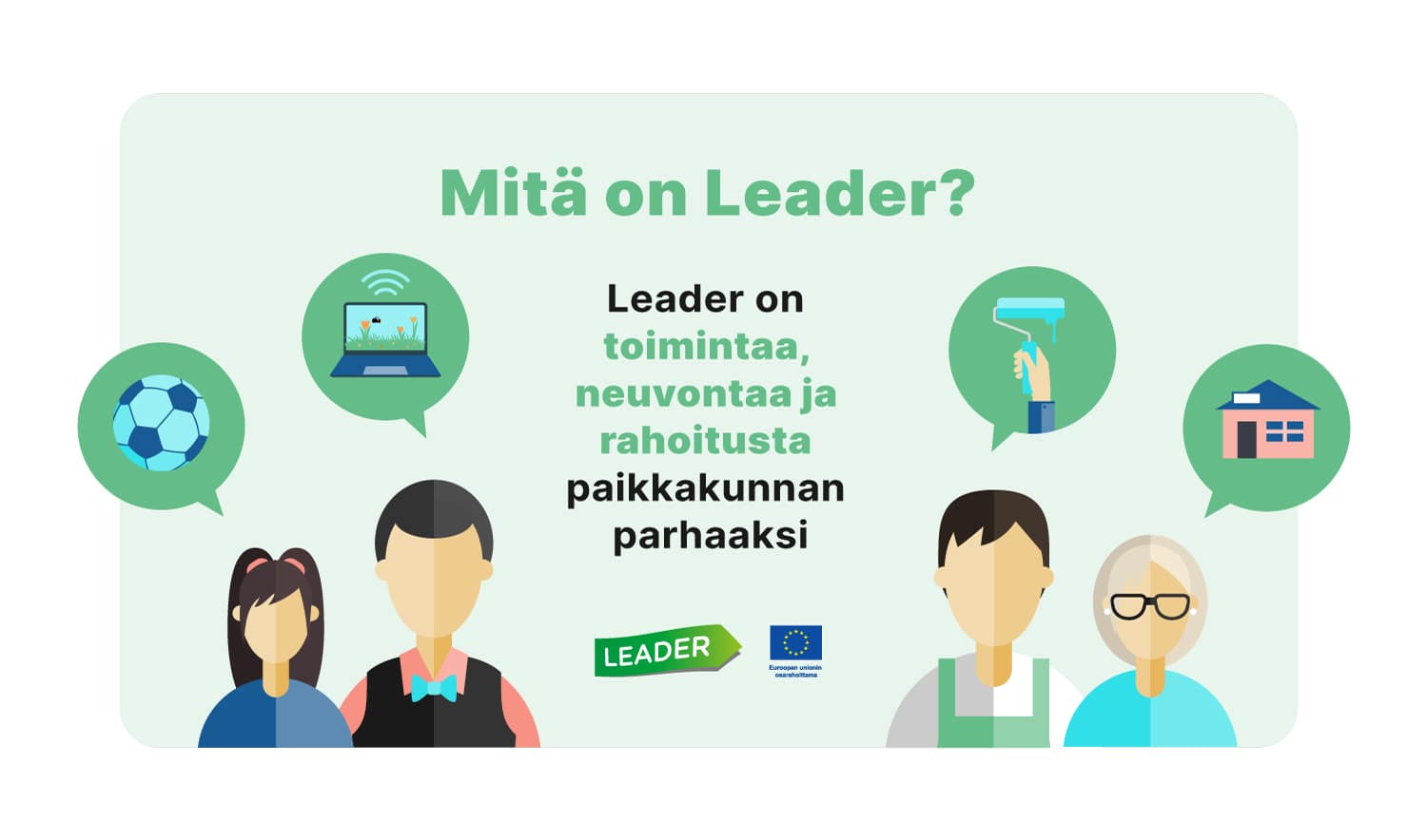 Mitä on Leader? Leader on toimintaa, neuvontaa ja rahoitusta paikkakunnan parhaksi.