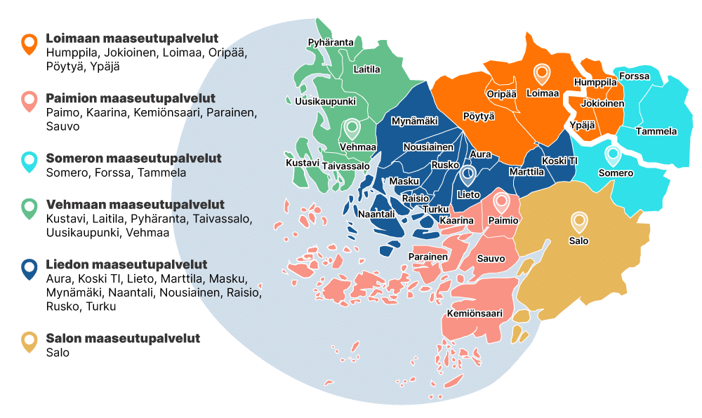 Karttakuva maaseutupalveluiden aluerajoista Varsinais-Suomessa.