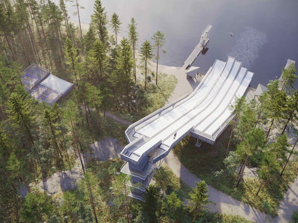 Havainnekuvassa freestylen kesähyppyrimäki ilmasta katsottuna.