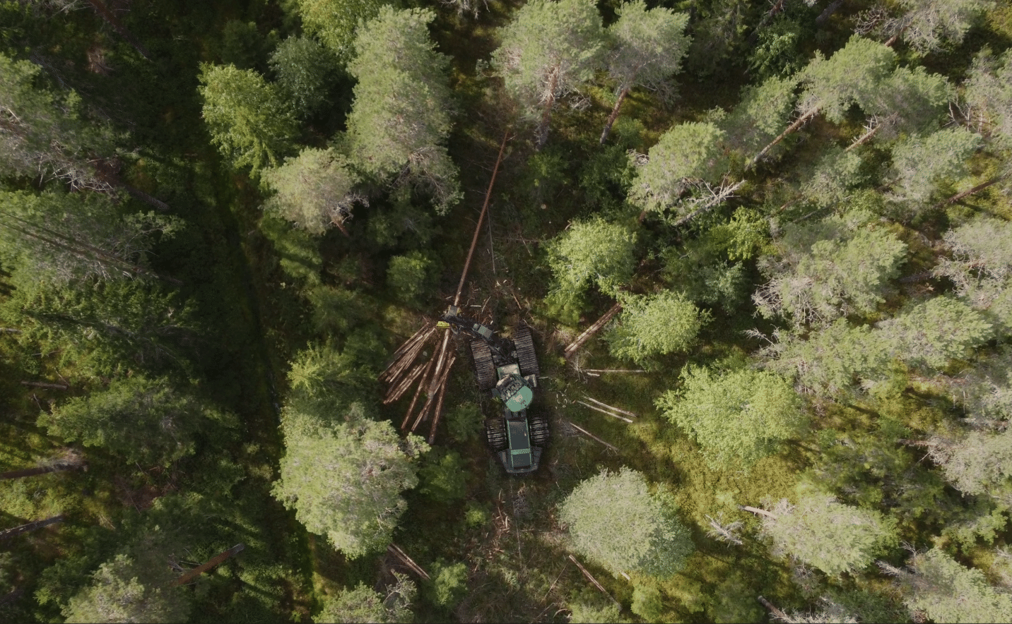 Ylhäältä kuvattu metsäalue ja metästyökone