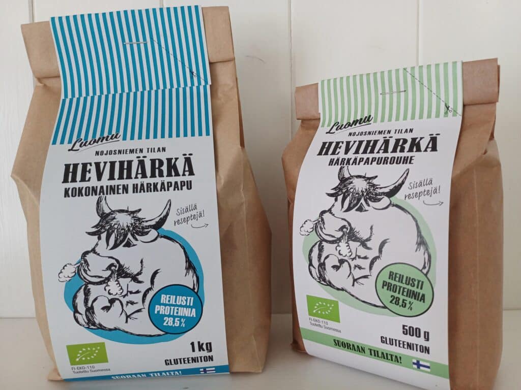 Kaksi pakettia Hevihärkä-tuotteita.