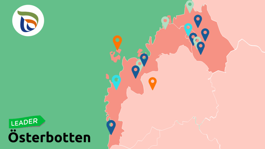 Kartabild med olika destinationer i Österbotten och mellersta Österbotten. Logon av NTM-centralen och Leader-gruppar