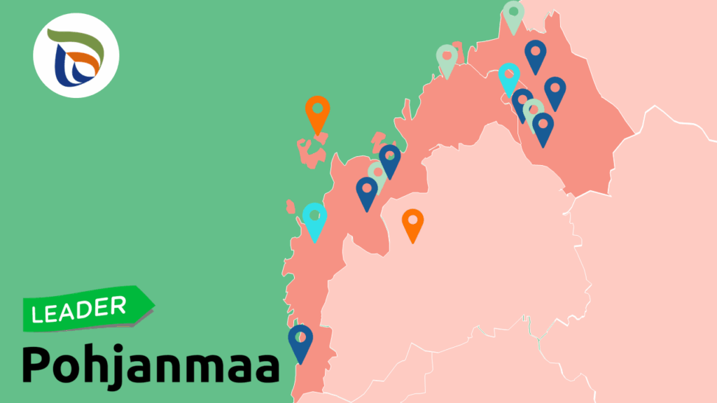 artta, jossa kohteita merkitty Pohjanmaan ja Keski-Pohjanmaan alueella Leader Pohjanmaa ja ELY-keskuksen logo