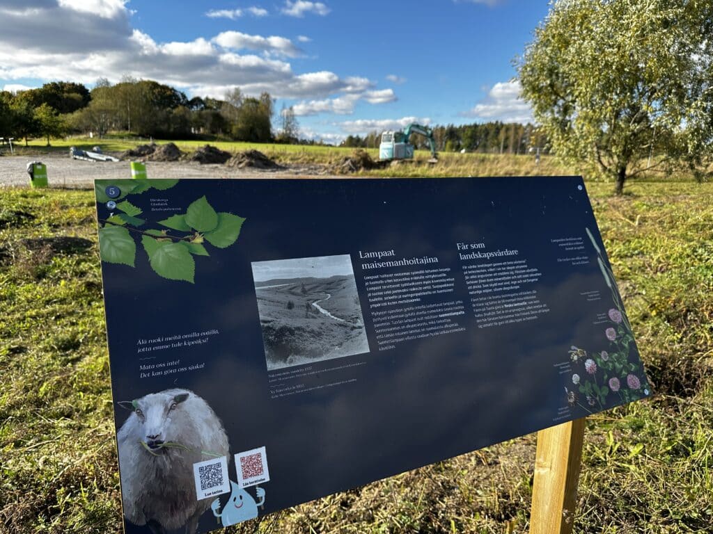 Kyltti, jossa esitellään lampaiden laidunnusta.