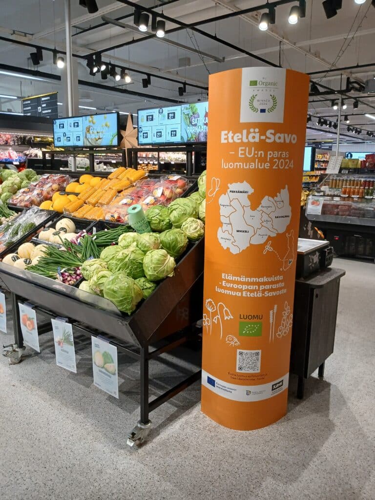 iso juliste, joka kertoo Luomupalkinnon voittamisesta