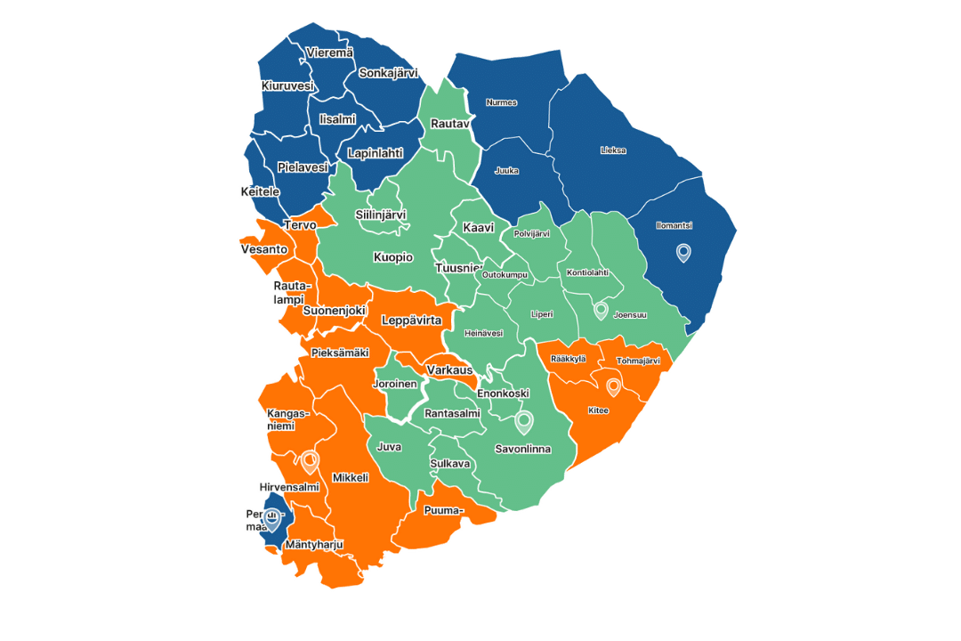Kartta Itä-Suomen Leader-rymistä.