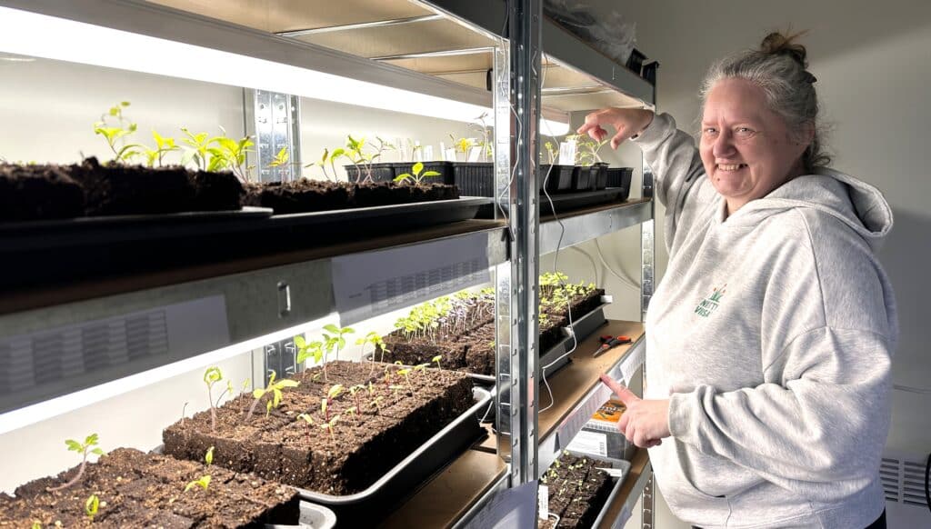 Nainen tutkii keinovalossa kasvavia taimia.