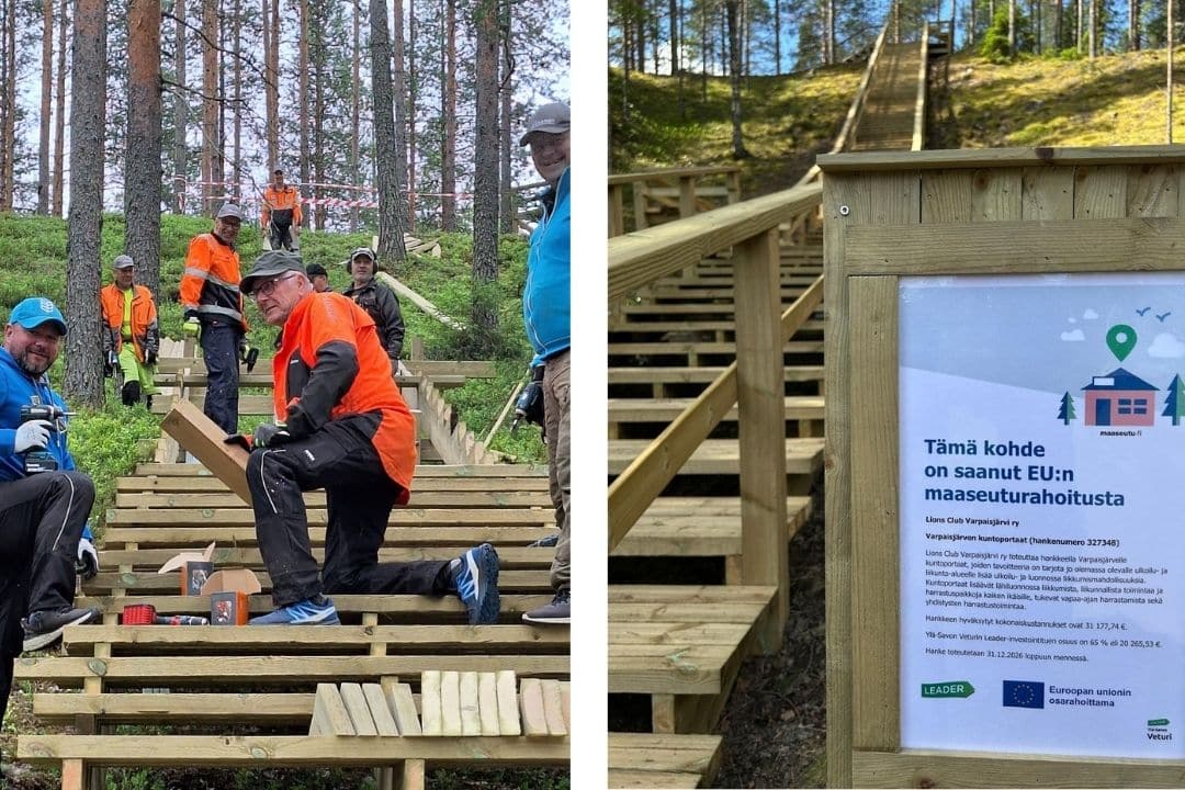Kuvassa iloisia talkoolaisia työssä sekä valmiit portaat ja kyltti, jossa kerrotaan tuesta ja hankkeesta.